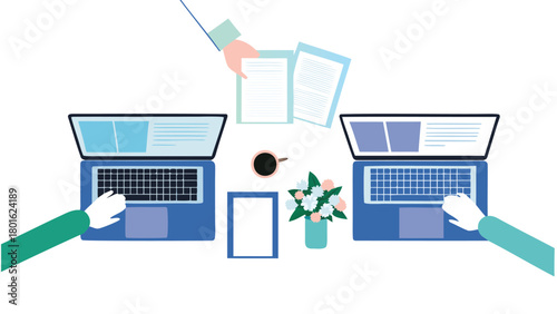 A modern office desk scene featuring open laptops showcasing a professional and contemporary workspace environment for business and technology concepts