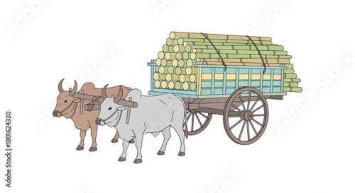 Ox cart carrying sugarcane, traditional farming and agriculture in rural communities.