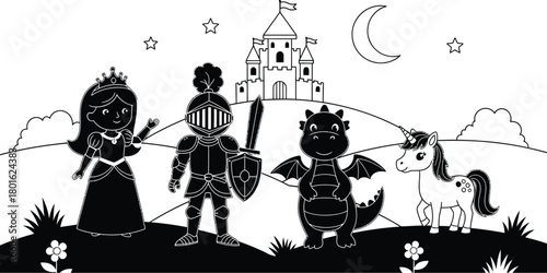 Coloring page of princess knight dragon and unicorn with castle editable vector