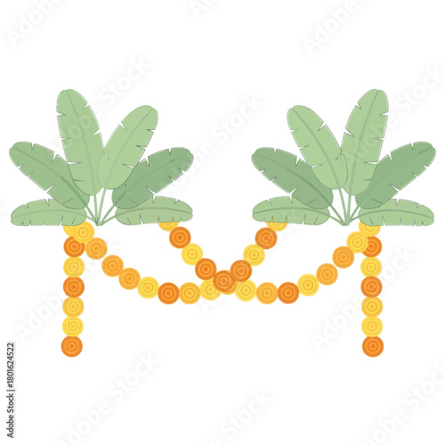 Two banana trees decorated with marigold garlands.  celebration and festive concept.