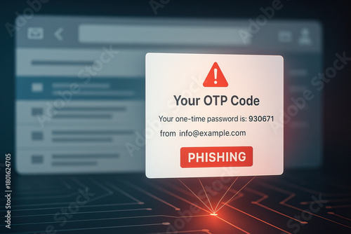 Your OTP Code alert warns of phishing with one time password exposed in fraudulent email notification, cyber security risk, digital threat, urgent warning