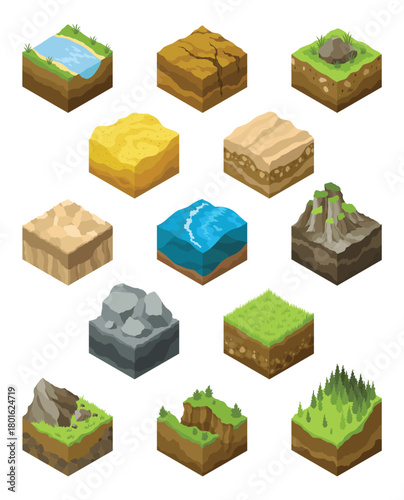 Isometric platforms set different soil textures. Set of materials for the game. Nature stone, landscape cartoon style interface, rock and water layer. Sweets and food soil layers. Vector illustration