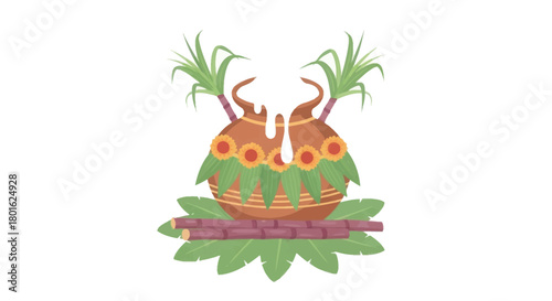 Traditional pongal pot with sugarcane and banana leaf, celebrating harvest festival.