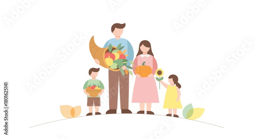 Family celebrates thanksgiving with cornucopia, pumpkin, sunflower and basket of fruits.