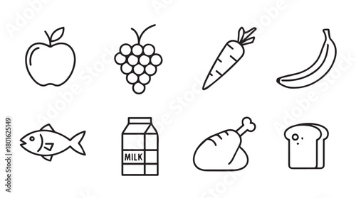 Collection of simple outline food icons in a black silhouette style including fruits vegetables and protein silhouette