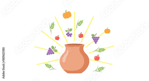 Harvest bounty illustration with fruit, wheat, and pumpkins radiating from a clay pot.