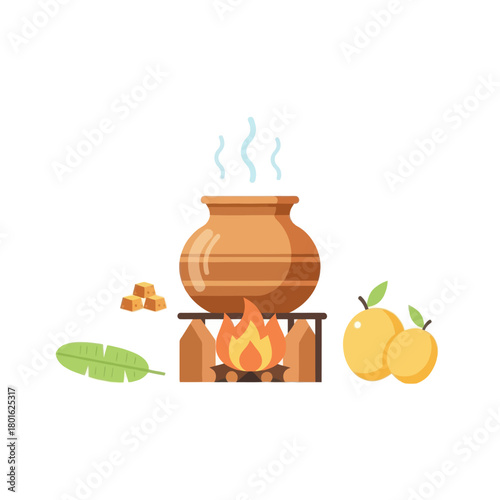 Traditional pongal cooking in mud pot on stove with sugar cane and turmeric. Vector illustration.