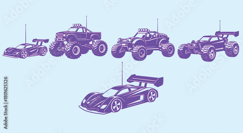 Exploring a collection of purple rc cars and monster trucks toys editable vector