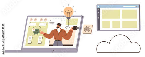 Person giving online presentation on laptop with mind map, plugged socket, cloud storage, and webpage. Ideal for technology, teamwork, innovation, education, connectivity remote work simple flat