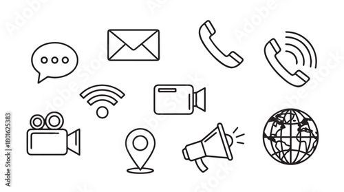 Collection of communication and technology icons in a simple hand drawn silhouette style