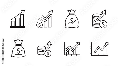 Collection of hand drawn line art icons representing financial growth and success with upward trending charts and money bags silhouette
