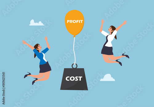 Profit Growth Concept with Balloon Lifting Cost and Happy Business Women Illustration