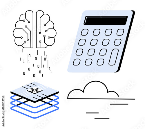 Brain with binary data, calculator, layered processor, and cloud. Ideal for AI, technology, data analytics, computation innovation digital transformation automation. Simple flat metaphor