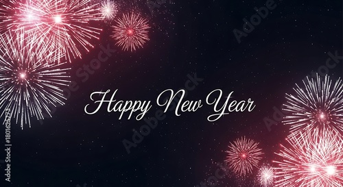 Vibrant pink and red fireworks explode in a dark night sky with the elegant text happy new year creating a festive and celebratory atmosphere for new year s eve