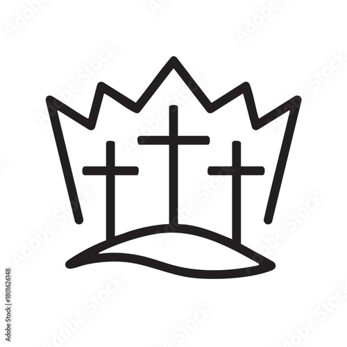 a black and white line drawing depicts a crown above three crosses resting on a hill