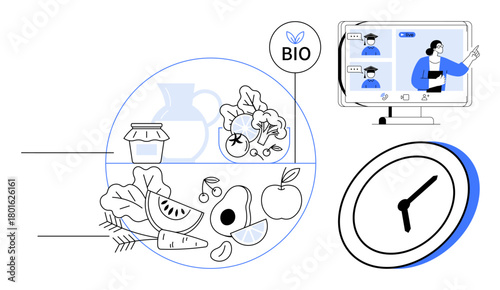 Organic fruits, vegetables, product jar with bio label, clock, and woman in virtual video call. Ideal for health, sustainability, time efficiency, remote work wellness smart habits and lifestyle