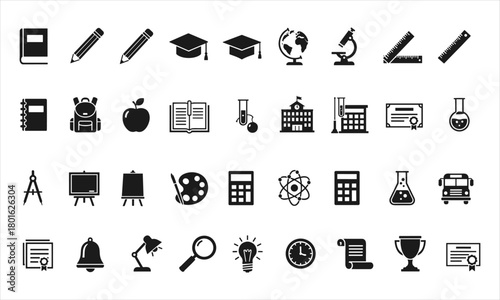 Set of education and school-related vector icons. Includes symbols of students, teachers, learning tools, science experiments, graduation, books, art, and ideas. Perfect for illustrating classroom