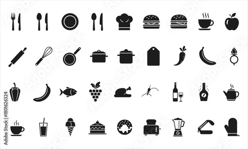 Set of black food and kitchen icons including cookware, utensils, fruits, vegetables, meat, drinks, desserts, and chef symbols. Perfect for culinary, restaurant, cafe, cooking apps, and recipe website