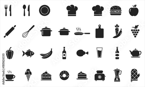 Set of black food and cooking icons, including kitchen utensils, chef hats, meals, fruits, vegetables, drinks, desserts, and cookware. Perfect for restaurant menus, cooking blogs, food delivery apps