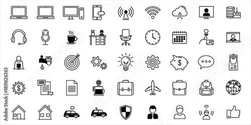 Set of minimal black line icons related to remote work, online learning, office tools, and communication. Includes symbols of laptop, computer, calendar, desk, light bulb, gear, piggy bank, briefcase,