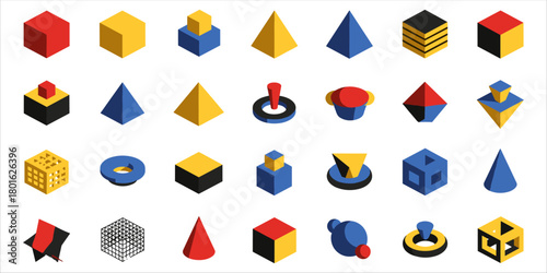 Isometric 3D vector illustration with geometric shapes including cubes, pyramids, cones, spheres, and toruses. Designed in a modern Bauhaus-inspired style using bold red, yellow, blue, and black color