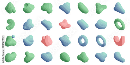 Collection of soft 3D abstract organic shapes in fluid, modern style. Colorful blobs with smooth gradients in green, blue, and pink tones create a minimal yet futuristic design. Ideal for backgrounds,