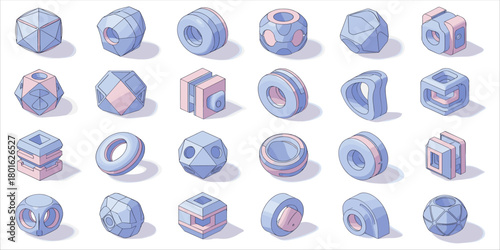 Isometric 3D abstract shapes set in soft pastel colors. Includes geometric forms like spheres, cubes, torus, and polyhedrons. Perfect for modern design, UI/UX, technology concept visuals, and digital 