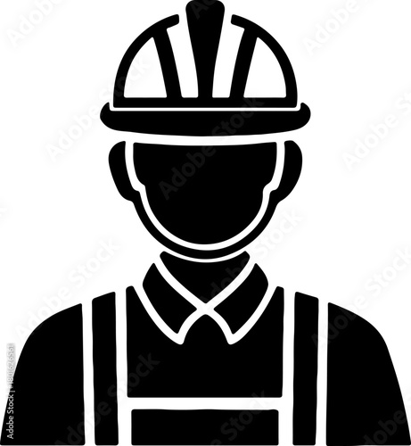 Black and white silhouette icon of a construction worker or engineer wearing a hard hat.