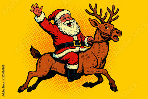 Santa Claus happily riding a reindeer against a yellow background, capturing the fun and magic of Christmas. Generative ai vector colorful pop art illustration.