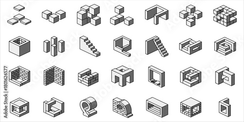 Isometric vector set featuring abstract architectural shapes, 3D cubes, stairs, and impossible structures. This modern design collection presents minimal composition with construction elements, 