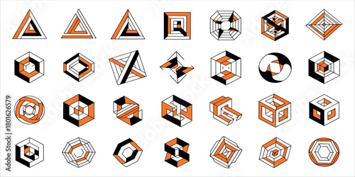 Set of abstract vector compositions featuring 3D impossible shapes, cubes, hexagons, and triangles in modern isometric design. This graphic collection explores geometric illusion, visual form, and opt