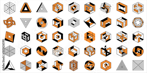 Modern abstract set of optical illusion shapes and impossible geometry in 3D isometric style. This vector design features creative construction of cube, triangle, hexagon, and geometric form elements 