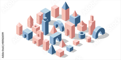 Isometric city illustration with abstract geometric architecture and 3D building structures in modern pink and blue colors. This urban design features clean layout and minimal composition with cubes, 