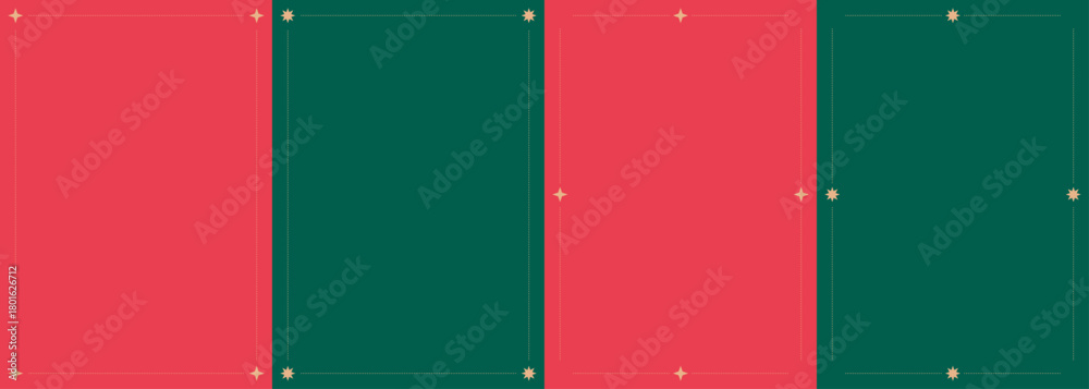 Fototapeta premium Vintage Christmas frames set. Red and green holiday borders with golden stars and ribbon. Rectangle elegant Christmas frames with empty textbox. Minimalist invitation background. Vector illustration.
