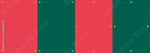 Vintage Christmas frames set. Red and green holiday borders with golden stars and ribbon. Rectangle elegant Christmas frames with empty textbox. Minimalist invitation background. Vector illustration.