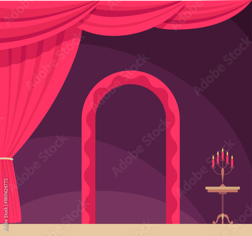 Theater stage with red curtains and spotlights. Vector cartoon illustration of theatre interior with empty wooden scene, luxury velvet drapes and decoration