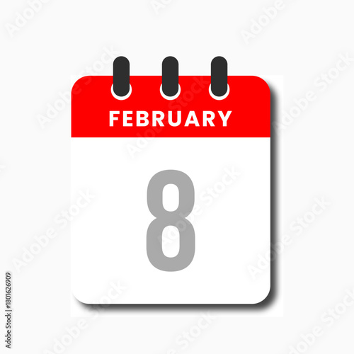 Flat red February 8 calendar vector icon, simple and clean design for UI planner and productivity.