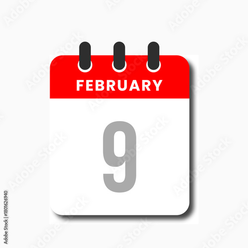 Flat vector red February 9 calendar icon, perfect for daily planner, business app, and UI tools.