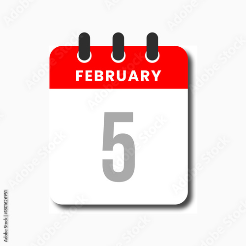 Clean and simple February 5 red calendar icon, modern flat vector for planner and productivity tools.