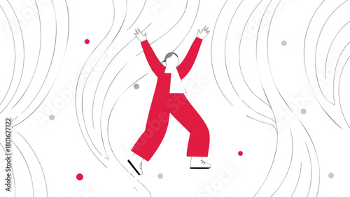 Dynamic red clad dancer in motion surrounded by vibrant abstract shapes and flowing lines perfect for artistic presentations advertising banners and creative event promotions