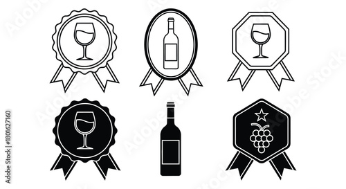 Elegant wine award badges and bottle icons for celebratory designs