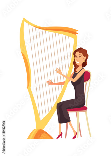 A woman is comfortably sitting in a chair, skillfully playing a harp
