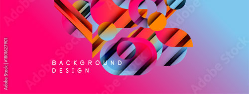 Abstract vibrant background. Geometric shapes overlap, creating dynamic visual effect. Pink, blue, orange hues dominate composition.