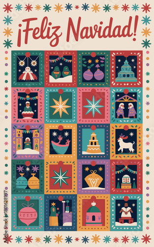 ¡Feliz Navidad! Mexican Christmas Art with Colorful Figures and Festive Design