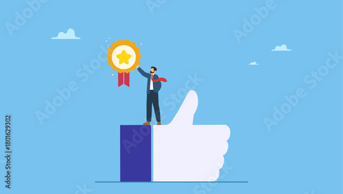Success businessman manager celebrating employee award on big thumb up symbol. Employee of the month, great manager or success staff winning award, staff appreciation or best office worker.