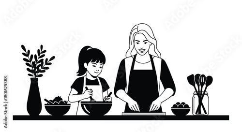 Joyful mother and daughter happily baking together in a bright kitchen