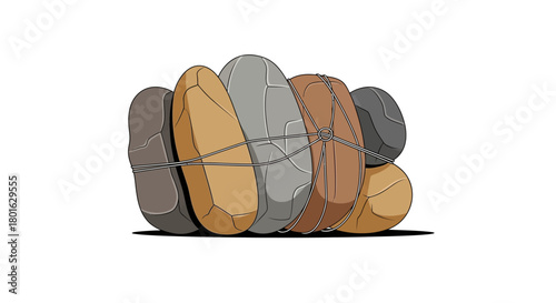 A bundle of oval stones tied together with string, creating a compact package.