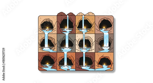 Illustration of a multi-level waterfall system with caves and water flowing through square openings.