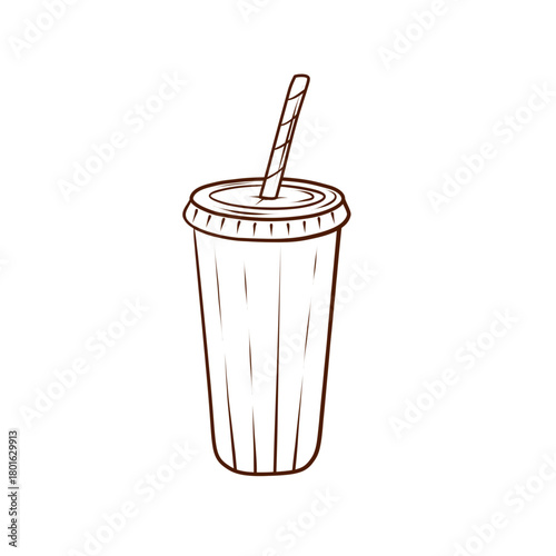 A glass with a straw in outline style. Vector illustration in a simple line style. Image of a disposable drink isolated on a white background. Suitable for menus, packaging, fast food, cafes