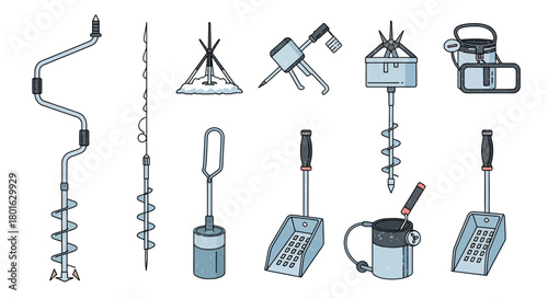 Various ice fishing tools and equipment depicted in a detailed illustration.